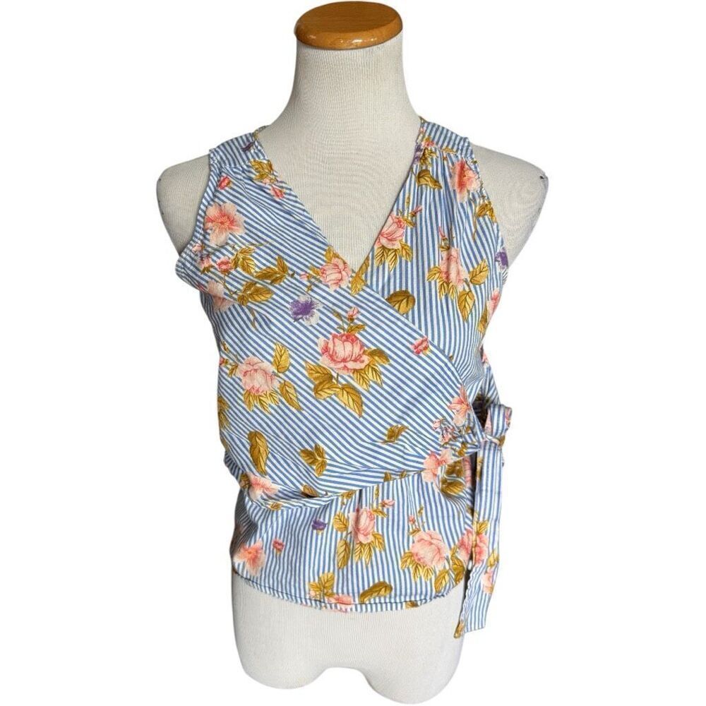 Womens Say What? Striped & Floral Print Sleeveless Wrap Top Blouse - Sz M